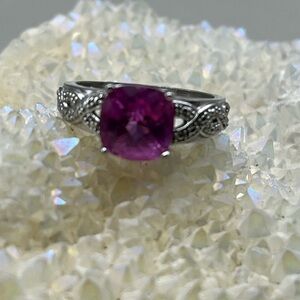 Elegant Silver Tone and Dazzling Pink Checkerboard Cut Gemstone Ring
